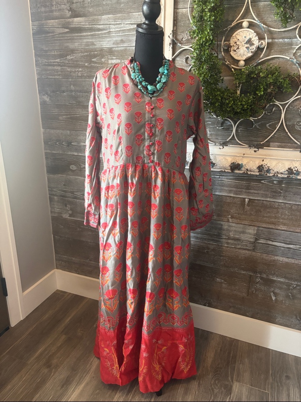 Boho Maxi Dress (Size L) Coral & Gray Floral Print - Cotton -Made in India